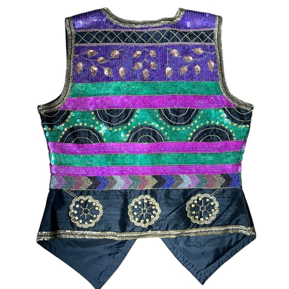 Vintage All-Over Sequins & Beaded Laurence Kazar Vest 100% Silk M - Picture 4 of 5